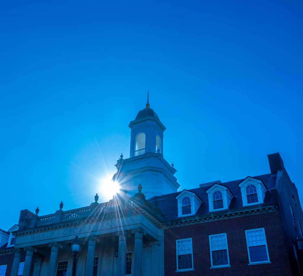 Wilbur Cross with a blue sky