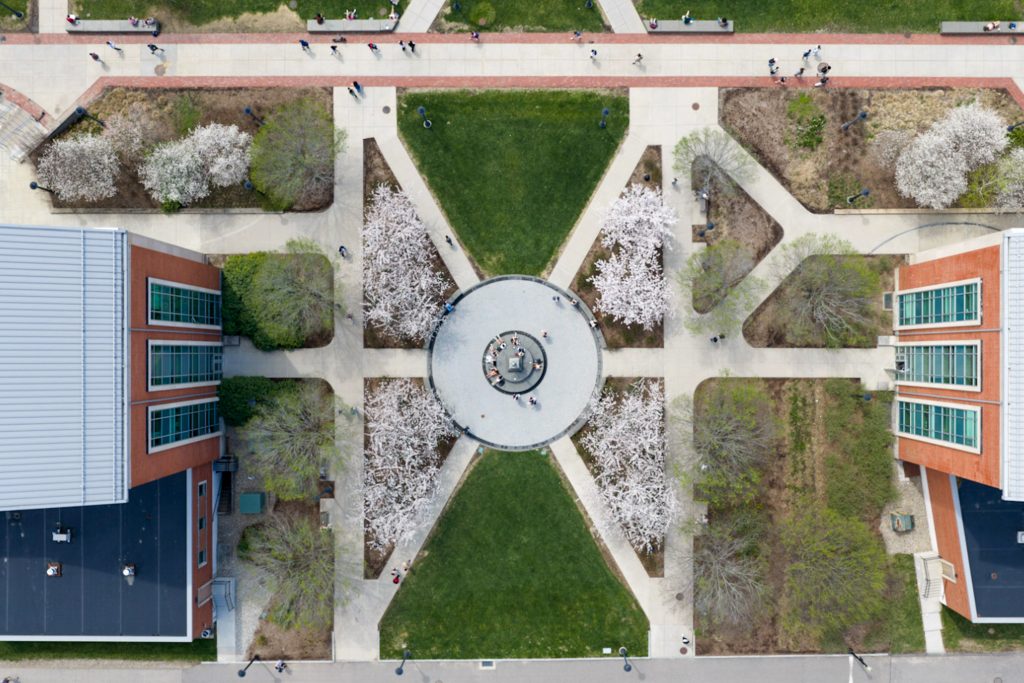 An aerial view of the blossoms around the Storrs campus on a warm spring day on Wednesday, April 15, 2026.