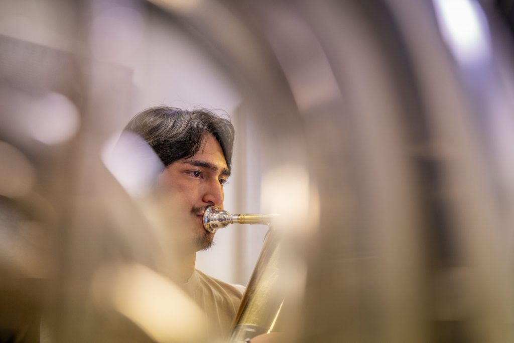 Neil Henostroza ’27 (SFA) playing the tuba in the School of Fine Arts on April 16, 2026.